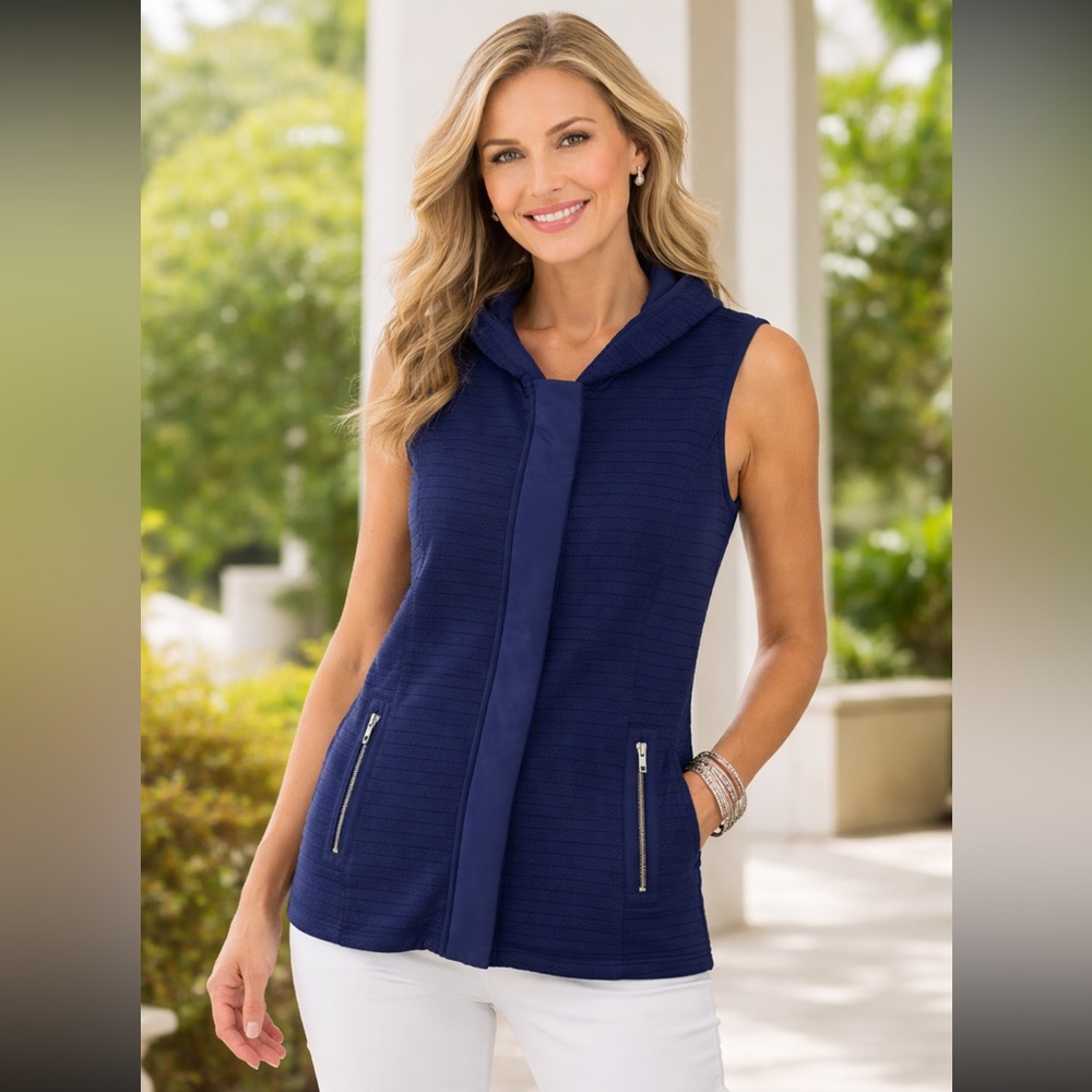 Chico’s Cotton Navy Sleeveless Hooded Vest Zip Pockets Textured Stretch- Large 1